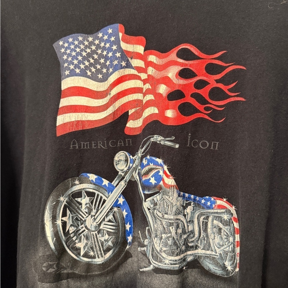 Black Graphic T-Shirt with American Flag and Motorcycle Design - Picture 2 of 4